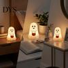 Ghost Festival Party Favors Cute Holding Pumpkin Bucket Table Lamp, Halloween Spooky Bedside Haunted House Props Small LED Night Light for Bedroom