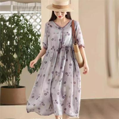 Women Vintage Print Floral Dress High Quality V-Neck Short Sleeve Summer High Waist A-Line Dress