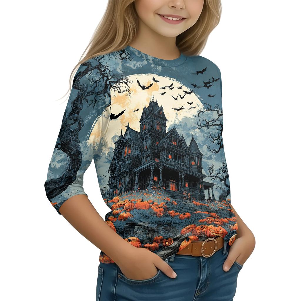 Kids Casual Long Sleeve T-Shirt with Halloween Print Round Neck for Party Costume