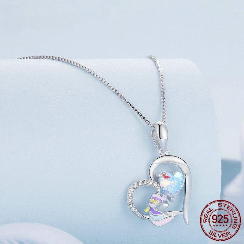 S925 Sterling Silver Delicate Colorful Zircon Heart Pendant Necklace Enamel Unicorn Neck Chain for Women Fine Jewelry