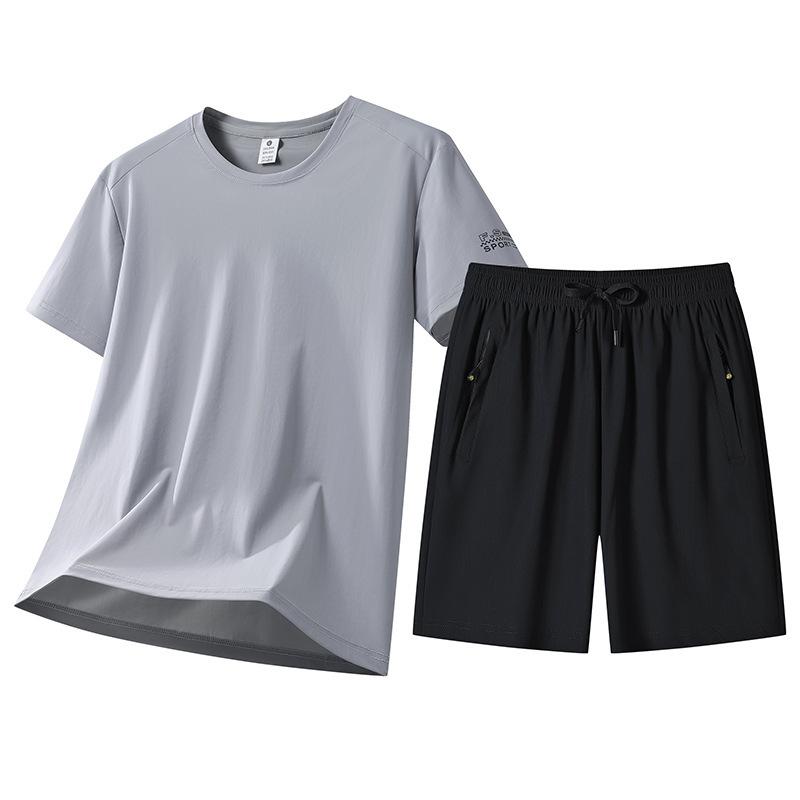 Ice Silk Short Sleeved Suit For Men, Thin, Breathable, Elastic, Cool And Fashionable T-shirt Shorts