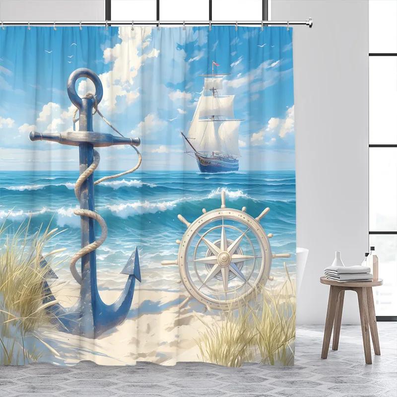 Blue Ocean Lighthouse Shower Curtains Vintage Boat Seagull Sea Waves Watercolour Art Modern Bathroom Curtain Decor With Hooks