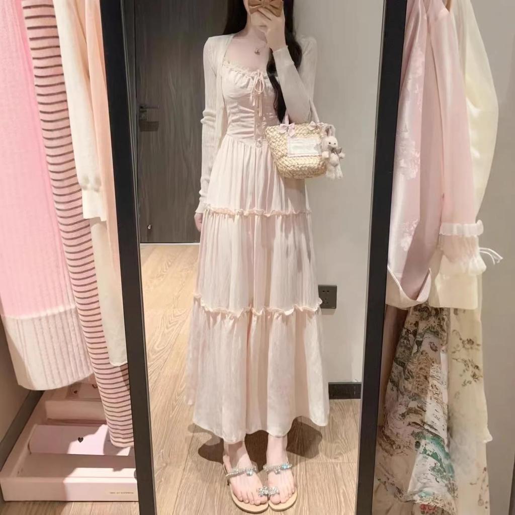 Pink French Lace Patchwork Camisole Dress - Gentle Summer Vacation Style Fairy Long Dress