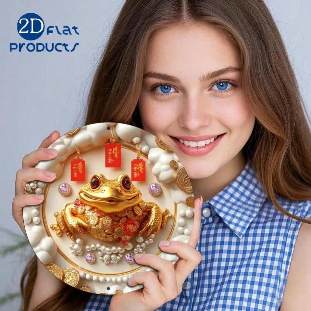 Golden Frog Round Metal Wall Art, Handmade 2D Home Decor for Living Room Bedroom, Unique Housewarming Gift