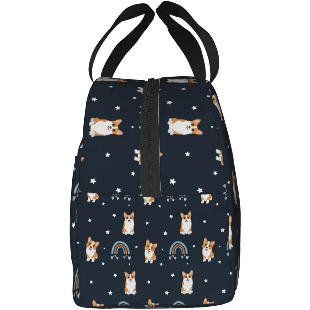 Black Boho Rainbow and Corgi Lunch Bag Cute Corgi Print Insulated Lunch Box Container with Frond Pocket for Work Picnic Travel