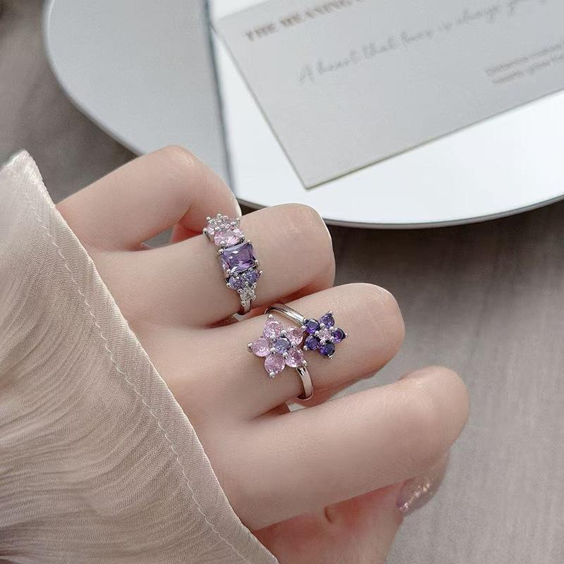 Super Immortal Purple Pink Diamond Sweet Cool Flower Opening Ring Jane Girl Niche Light Luxury Advanced Sense Stacking Wear Index Finger Ring