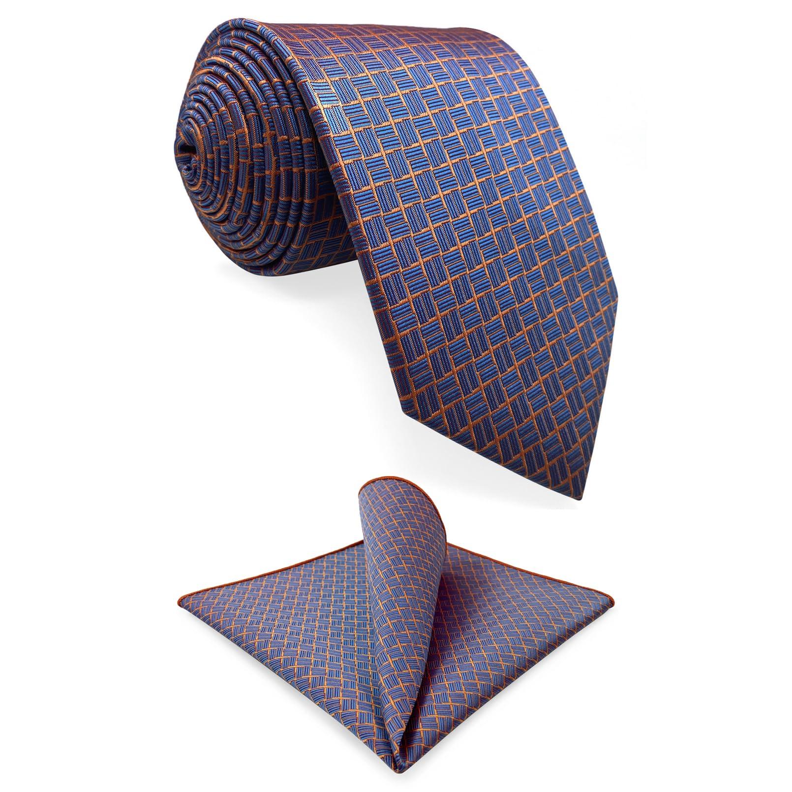 

[S&W SHLAX&WING] Men s Tie Set, Blue and Orange Checkered Pattern, with Pocket Square, Luxury Silky Touch Woven Long Tie (160cm)