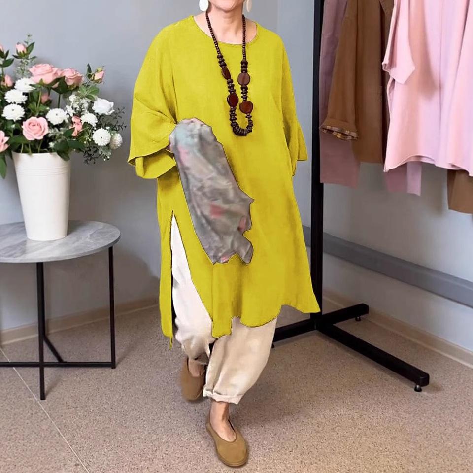 2026 summer new European and American women's solid color round neck seven-quarter sleeve casual linen split-ended long top