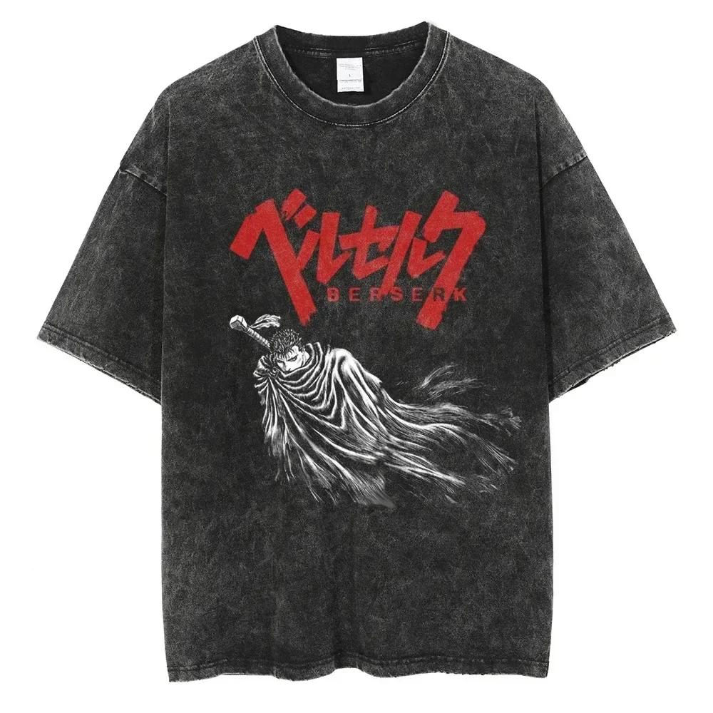 Men Harajuku Black Washed T-Shirt Hip Hop Streetwear Japan Anime Graphic Cotton Casual Oversized Summer Short Sleeve Tops T Shirt