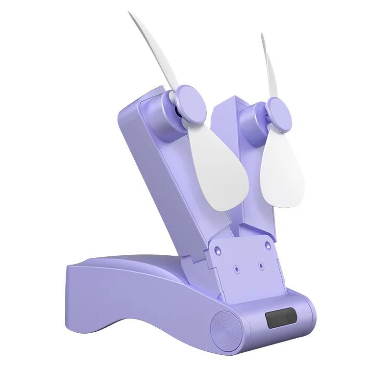 New Double Head Fans Mute Handheld Small Fan Portable Creative Mini Three Speed Adjustable Solid Color USB Charging Folding Fan