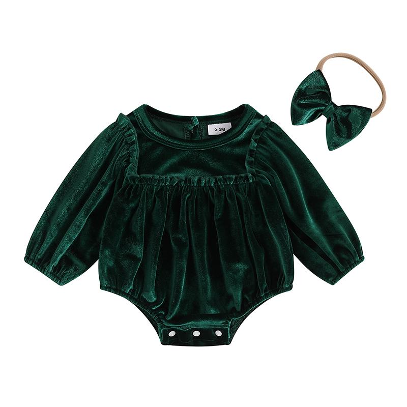 Newborn Baby Girls Romper Christmas Clothes Solid Color Round Neck Long Sleeve Velvet Jumpsuits with Headband Xmas Outfits