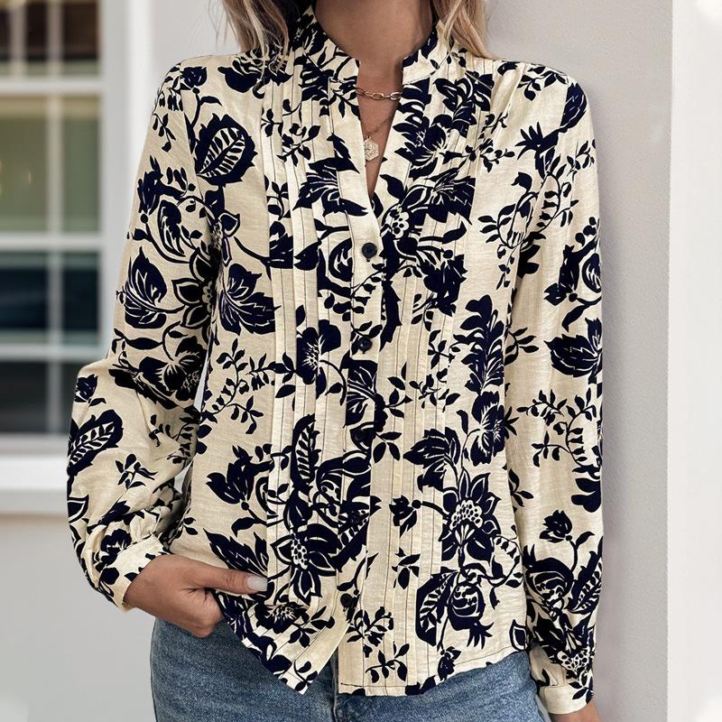 

Женские Модные Повседневные Весенние Осенние Блузки Рубашки с Цветочным Принтом с Длинным Рукавом и V-образным Вырезом S темно-синий