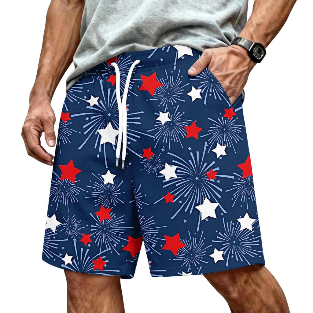 Men's Drawstring Waist Casual Shorts with Star Stripe Print Loose Fit Elastic Waistband and Side Pockets for Daily Wear