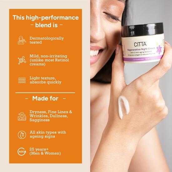 CITTA Regenerative Night Cream | Retinol Anti-Aging Cream with Kumkumadi & Ashwagandha for All Skin Types| For Men & Women | 50 Gm