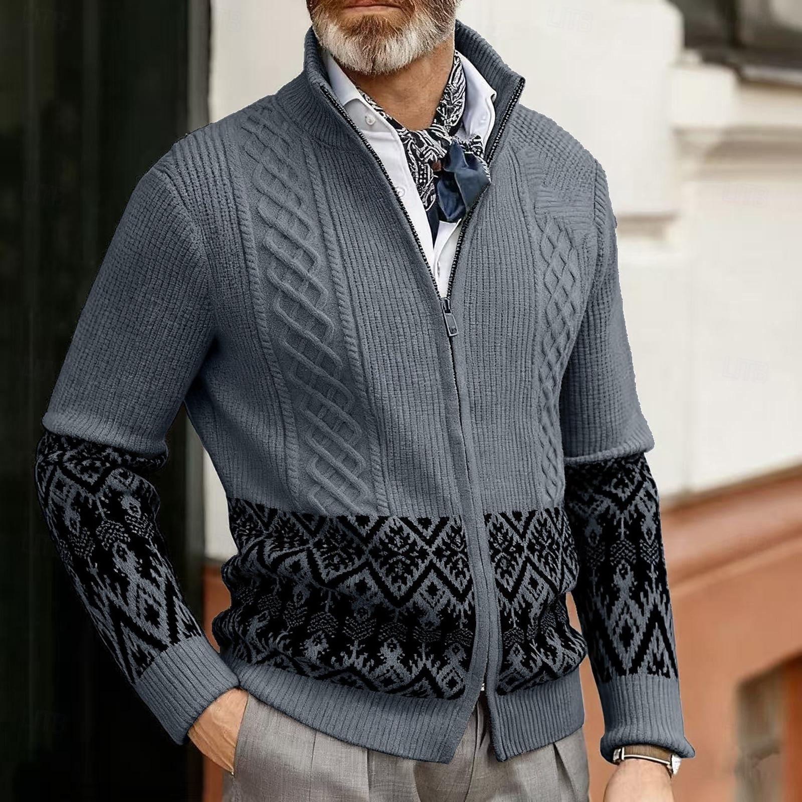 

Мужской свитер кардиган на молнии, свитер в рубчик, с арановым узором, обычный топ, вязаный однотонный, со стойкой, для отпуска, модный, повседневный, одежда для ежедневной носки M