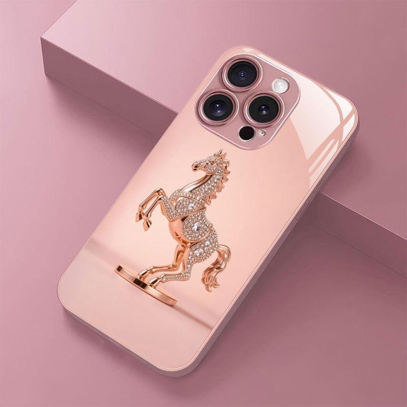 Cute Horse Pattern Pink Metallic Tempered Glass Phone Case For iPhone 11 12 13 14 15 16 17 Pro Max 15 14 Plus 17 Air 16E Cover