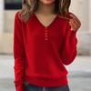 Women's Fashion V-Neck Button-Front Long-Sleeved Knit Top Solid Colour Loose-Fit Blouse