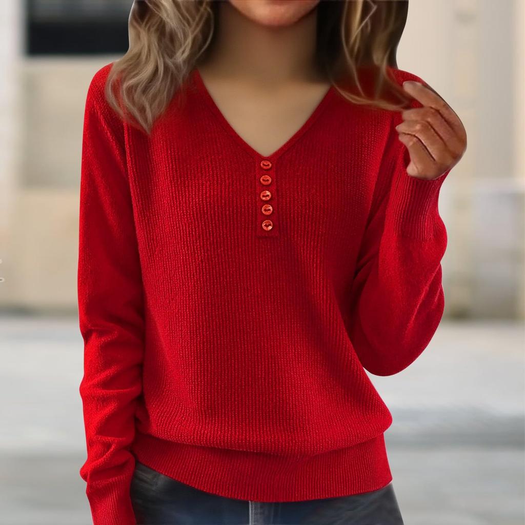 Women's Fashion V-Neck Button-Front Long-Sleeved Knit Top Solid Colour Loose-Fit Blouse