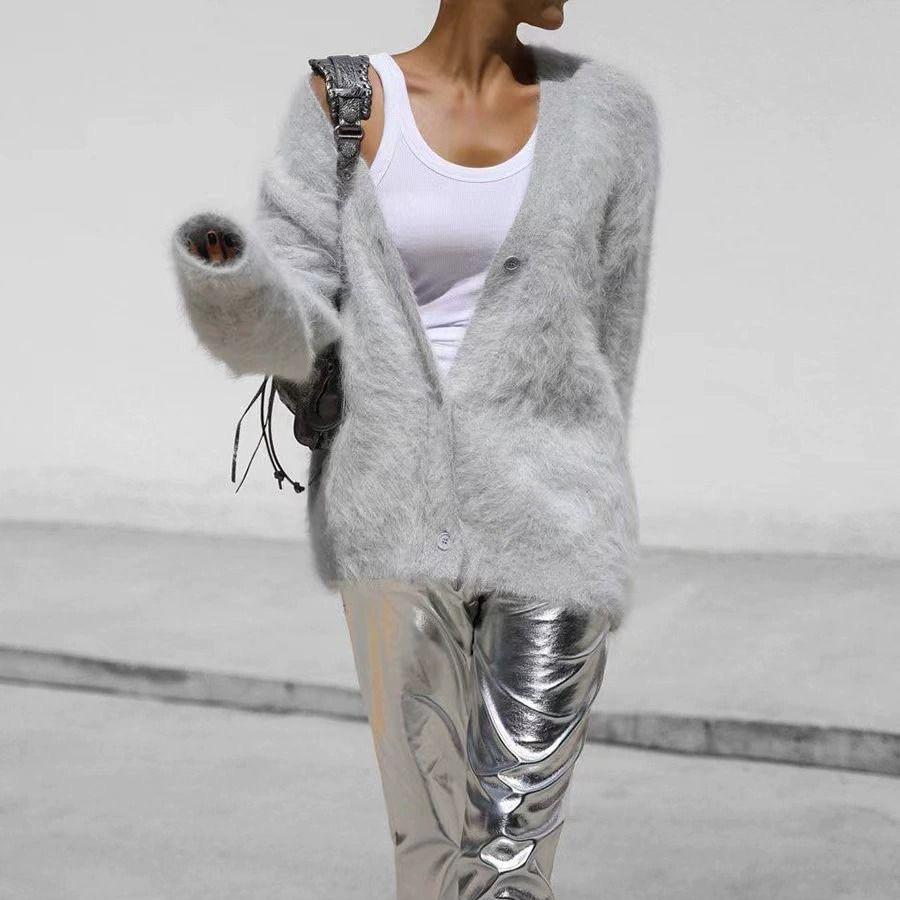 Imitation Mink Knitted Sweater Cardigan European, American Autumn and Winter Lazy Loose Long-sleeved V-neck Sweater Jacket Women