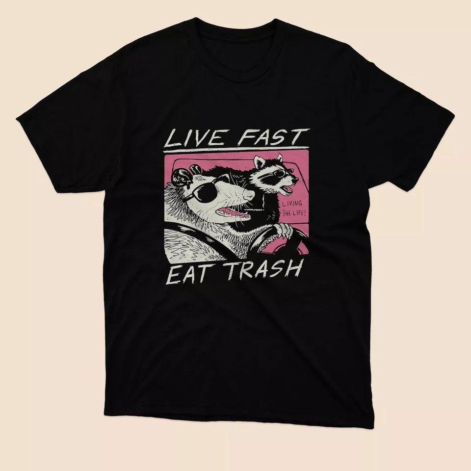 Unisex shirt Cotton Oversize Large Size Live Fast! Eat Trash! Mens T-shirt Black Size S to 5XL