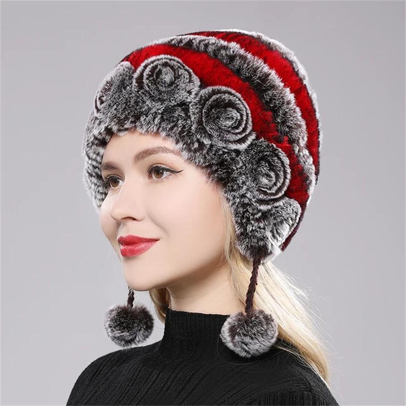 Winter Women's Natural Stripe Flower Rex Fur Rabbit Women