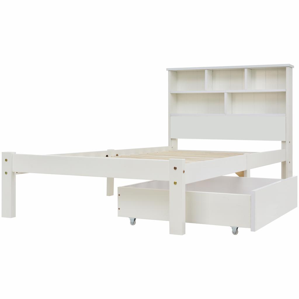 Solid Wood Single Bed with Drawers and Slatted Base, Bookshelf Teenagers and Adults Children's Bed, 90x200cm White