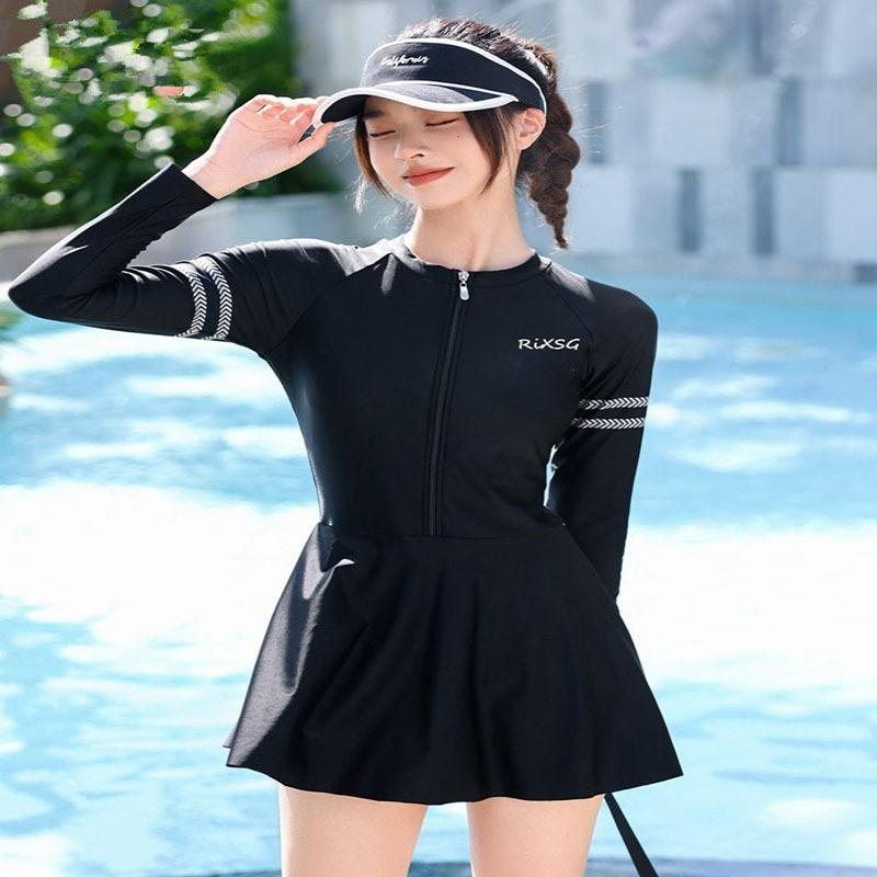 One-piece Swimsuit Women's Conservative Long-sleeved Slimming Belly-covering Swimming Pool Straight Angle Sports Suit