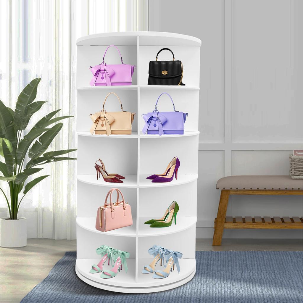 5-Tier Rotating Shoe Organizer 23.2x23.2x45.3in, White PVC Shoe Rack, Freestanding Shoe Storage | Holds 20 Pairs,55 lbs Capacity