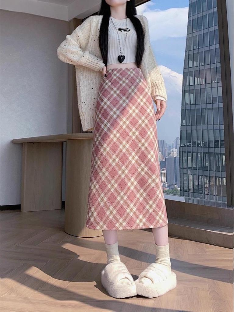 2025 Koreanischer Süßer Rosa Karierter Wollener A-Linien-Rock