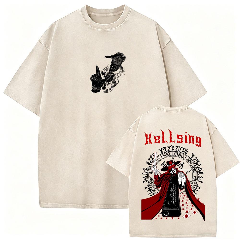Washed Vintage Anime Hellsing Yumie Takagi Graphic Tshirt Vampire Alucard Merch Tshirts Mens Gothic Manga Oversized T Shirts