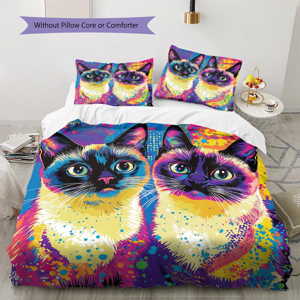 Bunte siamesische Katze Muster Bettwäsche Heimdekoration Geburtstagsgeschenk (1 Bettbezug + 2 Kissenbezüge, ohne Füllung)