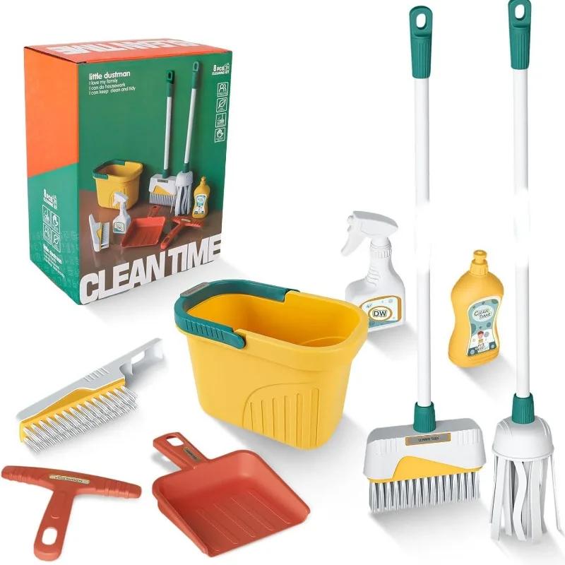 8PCS/Set Kids Cleaning Set Housework Supplies Kit with Dustpan Broom Bucket Mop Cleaning Set Play House Toys for Boys & Girls