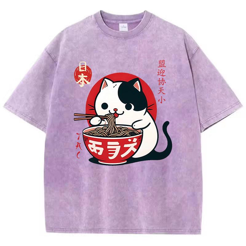 Harajuku Washed T Shirt Cotton T-Shirt Japanese Cat Eat Ramen Funny Graphic Tee Casual Streetwear Spring Summer