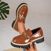 Retro Chain Low Heel Pumps Women's Fashion Bright Black PU Leather Platform Loafers Plus Size Thick Sole Non-Slip Uniform Shoes