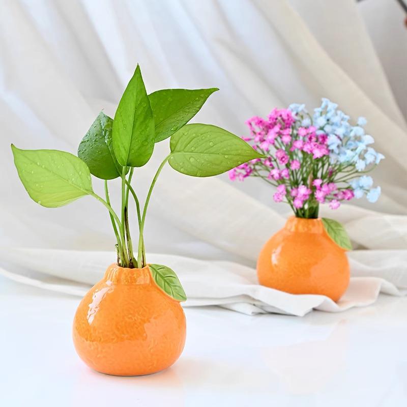 Country Style Ceramic Orange Vase for Hydroponic Ivy and Tabletop Decoration