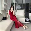 French Red Neck Halter Dress Women's Summer New Hip Wrap Slim Holiday Dress Dress Slim Dress Long Dress