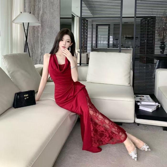 French Red Neck Halter Dress Women's Summer New Hip Wrap Slim Holiday Dress Dress Slim Dress Long Dress