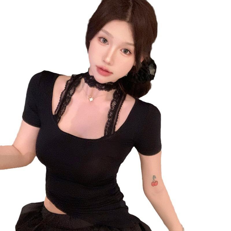 Fake two pieces of lace slim and thin neck short-sleeved U-neck T-shirt pure desire hottie sexy niche unique top ins