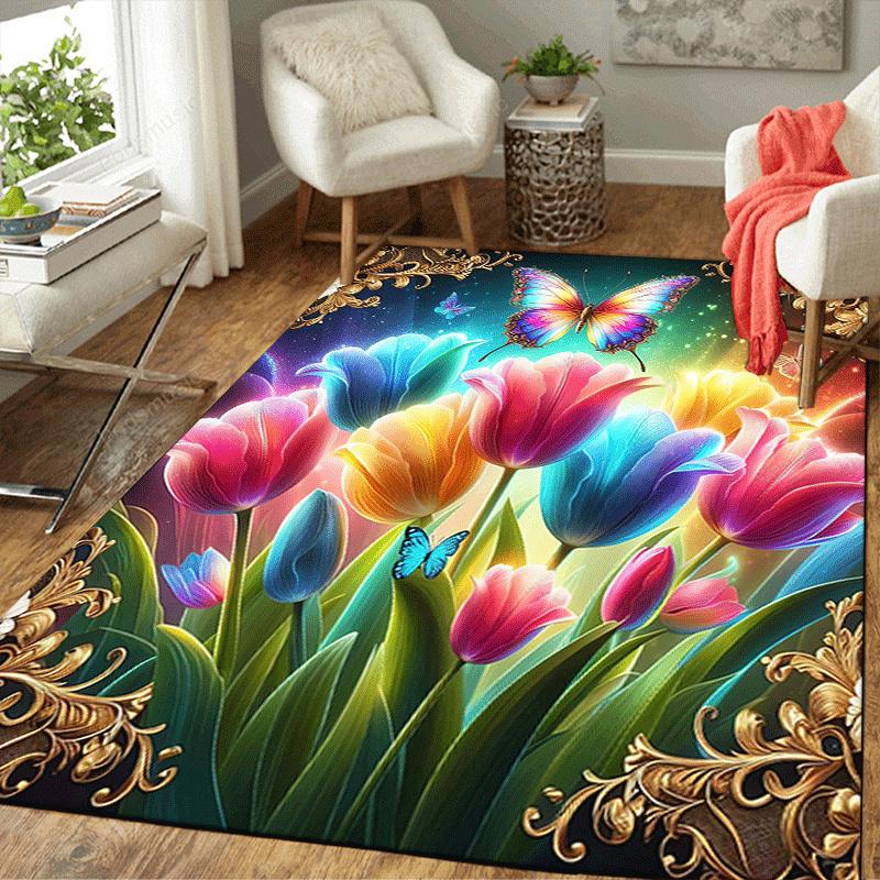 1pc Flowers and butterflies Print, Design Indoor Area Rug, Soft, Anti-Slip, and Durable Gaming Room Decor for Bedroom, Living Room, and Exer