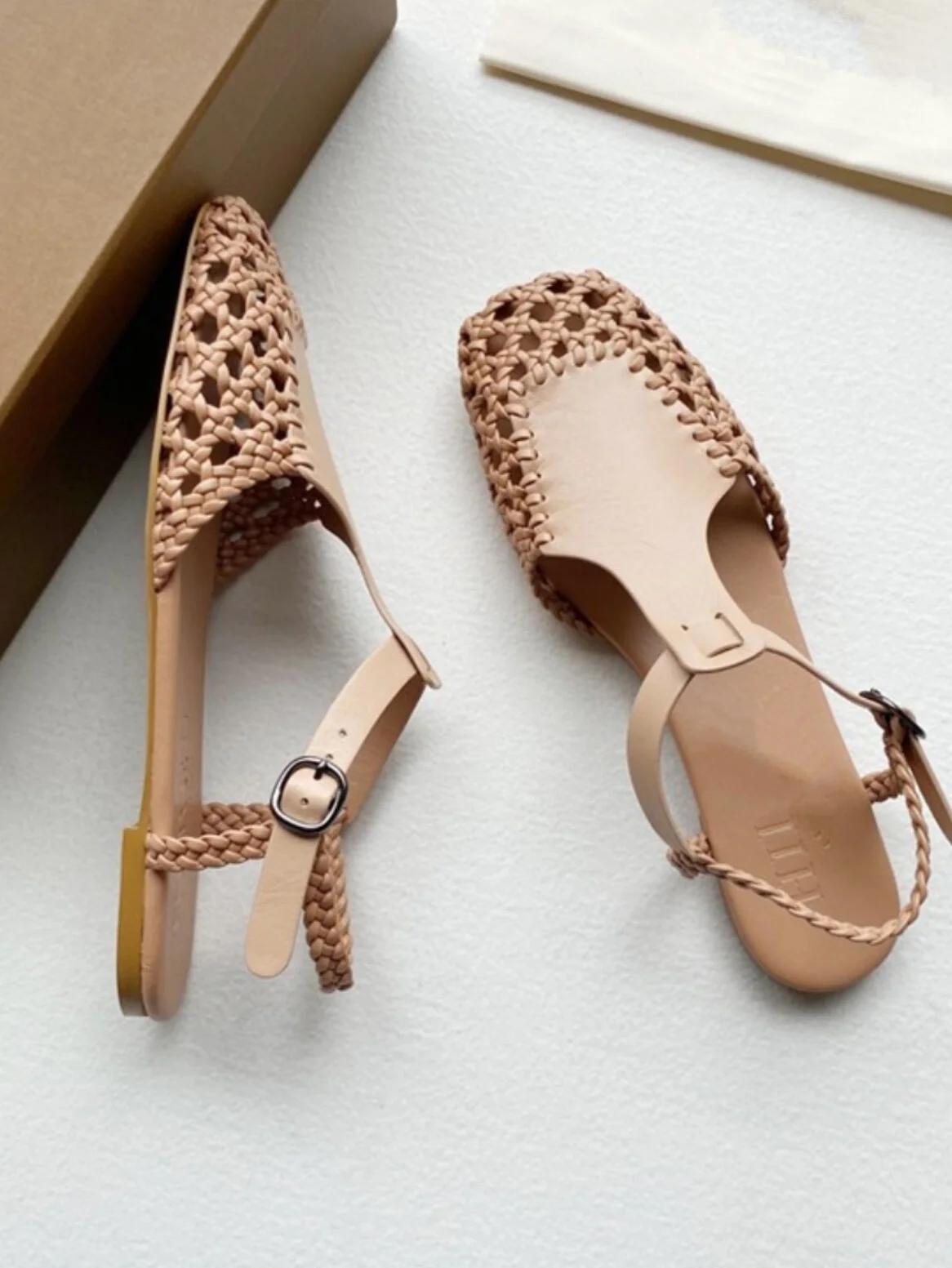 

New Braided Hollow Mesh Flat Shoes Genuine Leather Retro Square Toe Mary Jane Roman Shoes Back Strap Black Brown Low Heel Shoes 34 темно-коричневого кольору