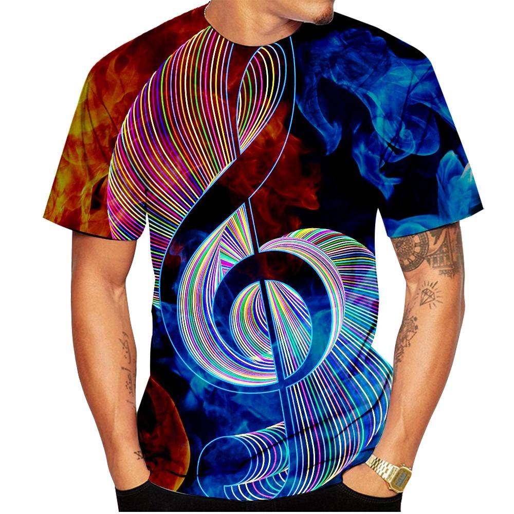 Summer Fashion 3D Piano Note Printed T-shirts Cool and Trendy Fashion Round Neck Short Sleeved Men's T-shirts