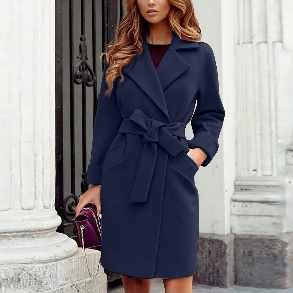 Dámská vlněná móda Slim-fit Pásek Klopa Vlněná kapsa Shacket Flanelová bunda Kabáty