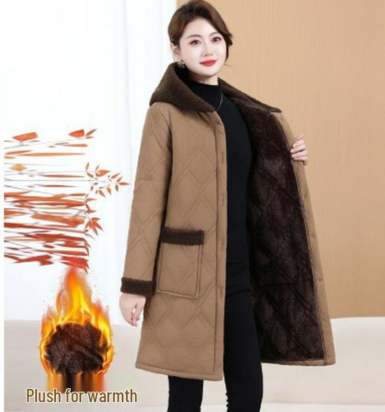 Warm Fleece-Lined Hooded Cotton Coat for Middle-Aged & Elderly Women
