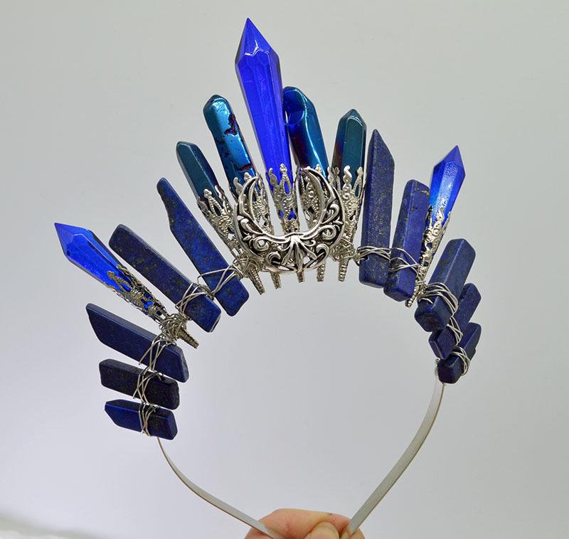 Retro Silver Moon Crystal Glass Crown Headband
