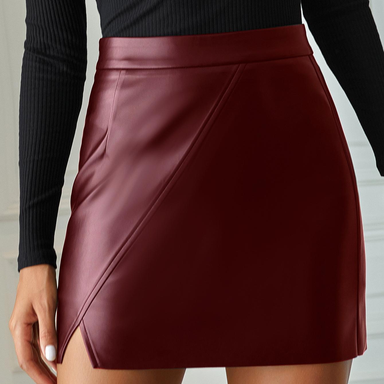 

GMXIA Женская повседневная юбка из искусственной кожи с высокой талией, модная, нестандартная, осень и зима XL бордовый