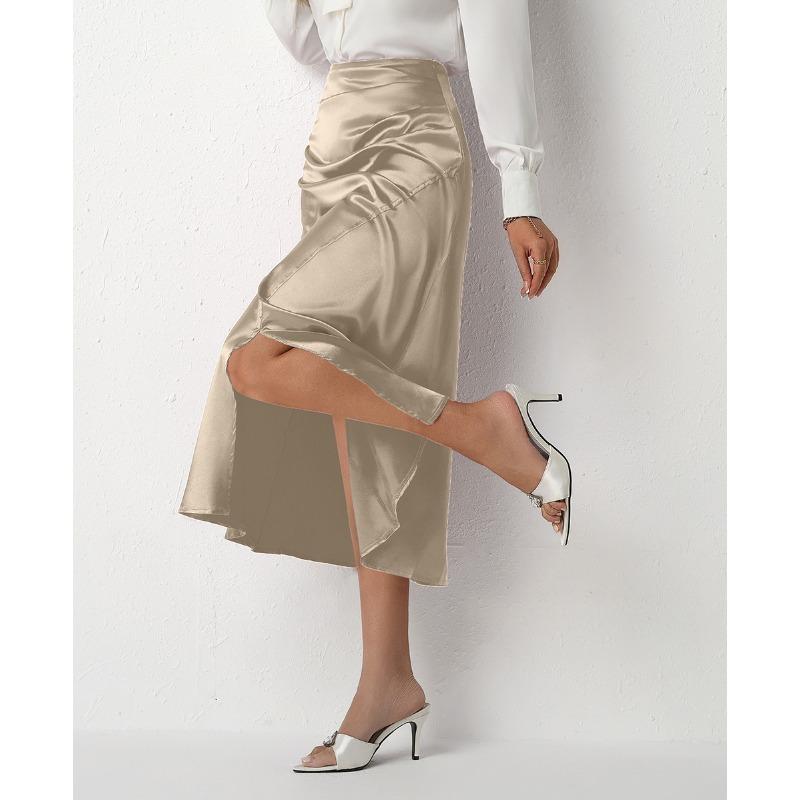 Damen Hoher Bund Satin Raffung Detail Schlitz Saum Midi Rock