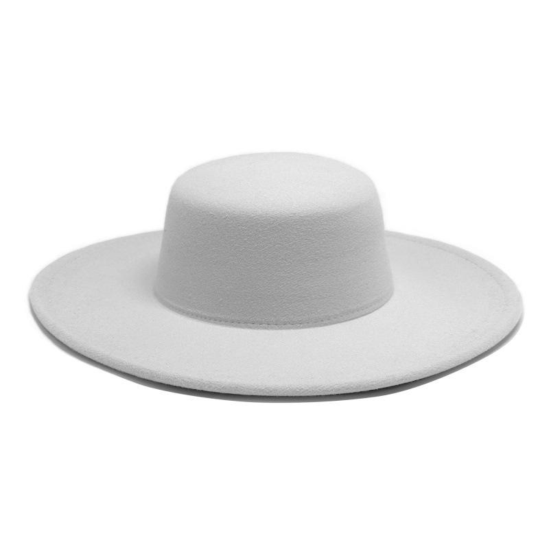 Autumn and winter new cm large brim thickened top hat felt British retro solid color light board flat top hat for men and women