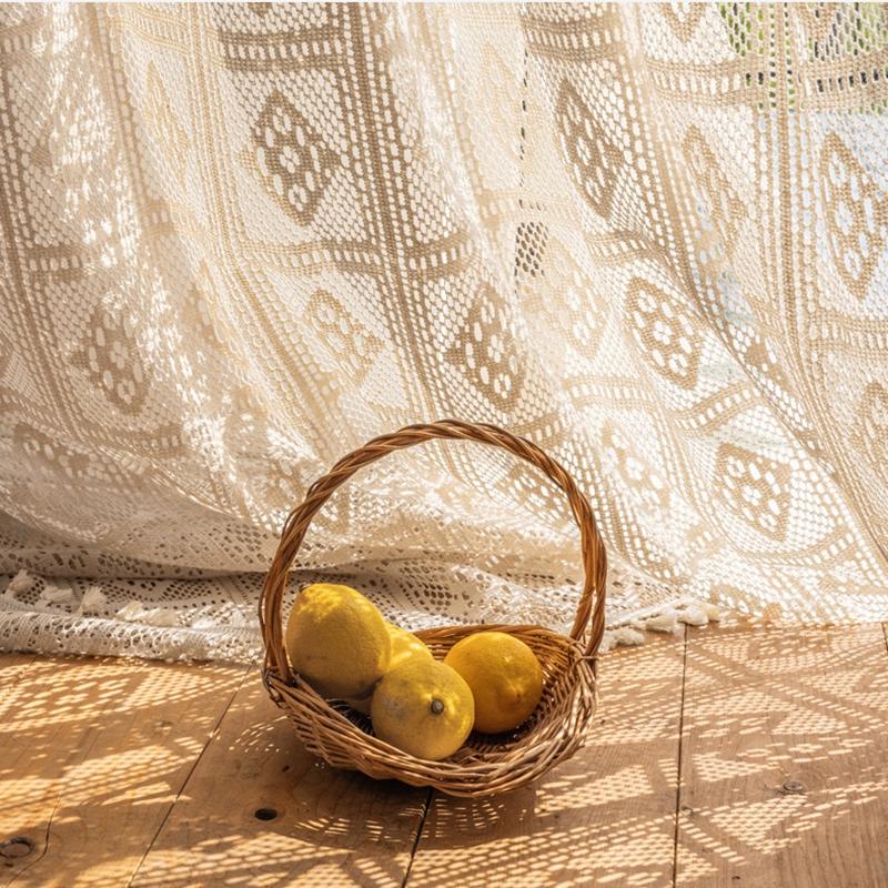 Cotton Crochet Hollow Woven Curtain American Pastoral Retro French Country Cotton Linen Lace Fringed Bedroom Gauze Curtain