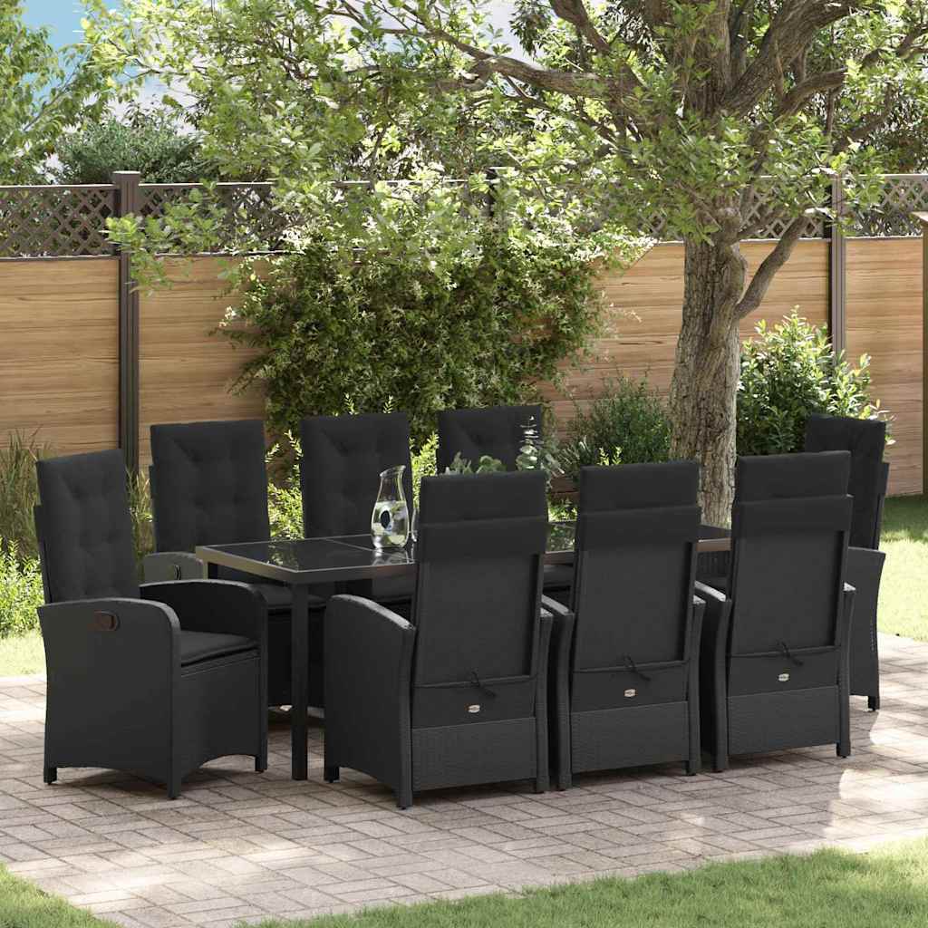 Garden Dining Set with Cushions 9 pcs Black Poly Rattan