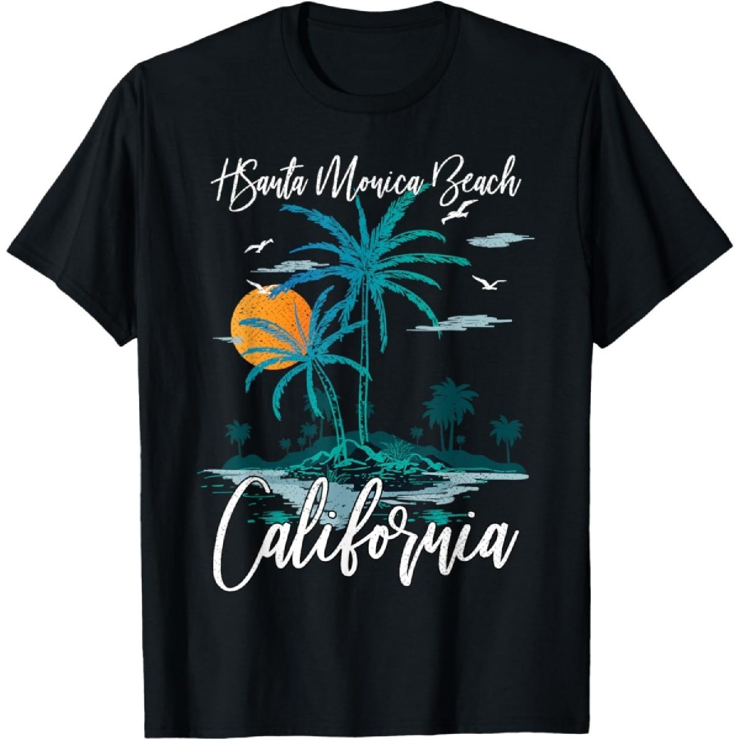 Футболка с изображением пляжа Санта-Моника, Калифорния, пальмы, для семейного отдыха S